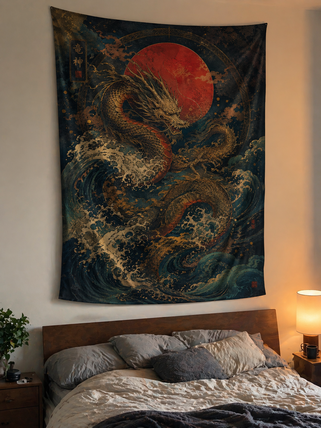 Japanese Dragon Tapestry Wall Hanging, Red Sun Asian Art