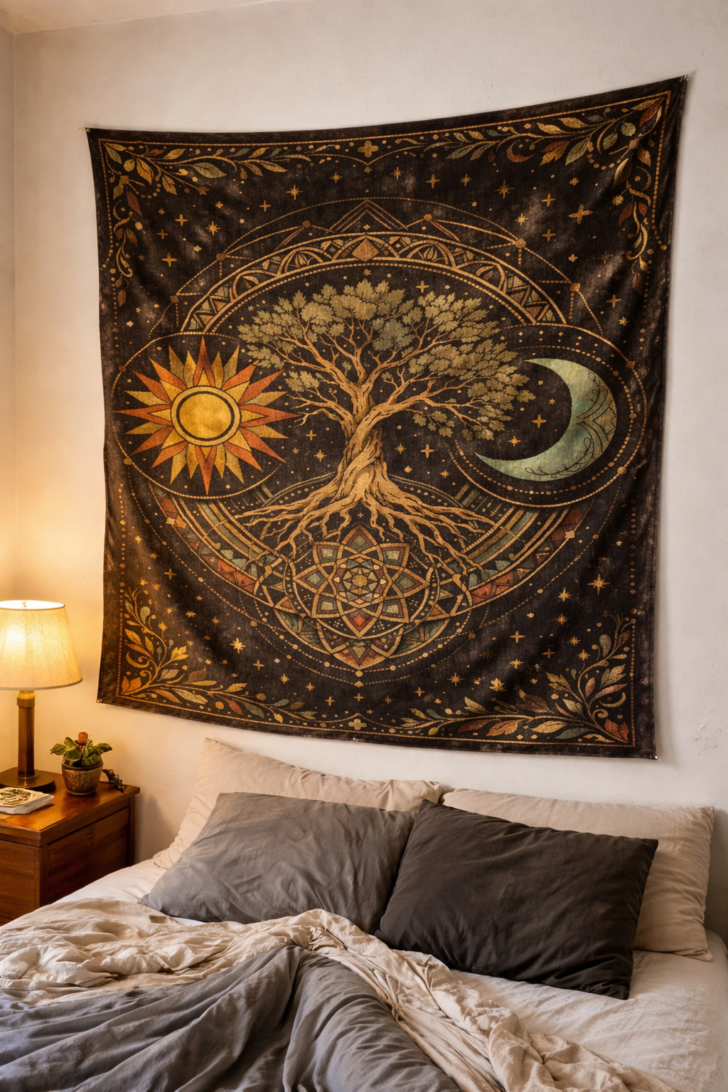 Boho Tree of Life Tapestry – Sun Moon Celestial Wall Art