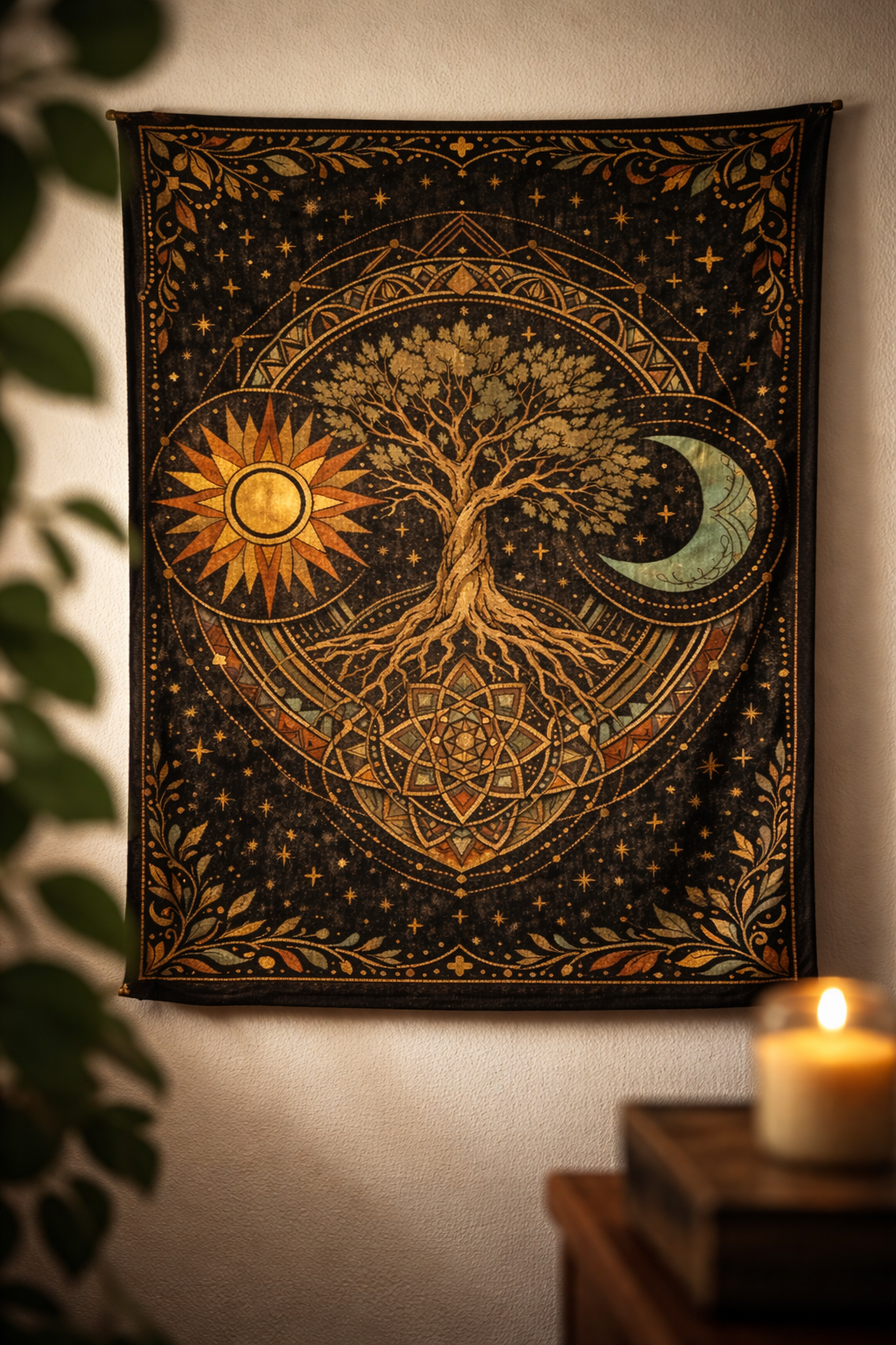 Boho Tree of Life Tapestry – Sun Moon Celestial Wall Art