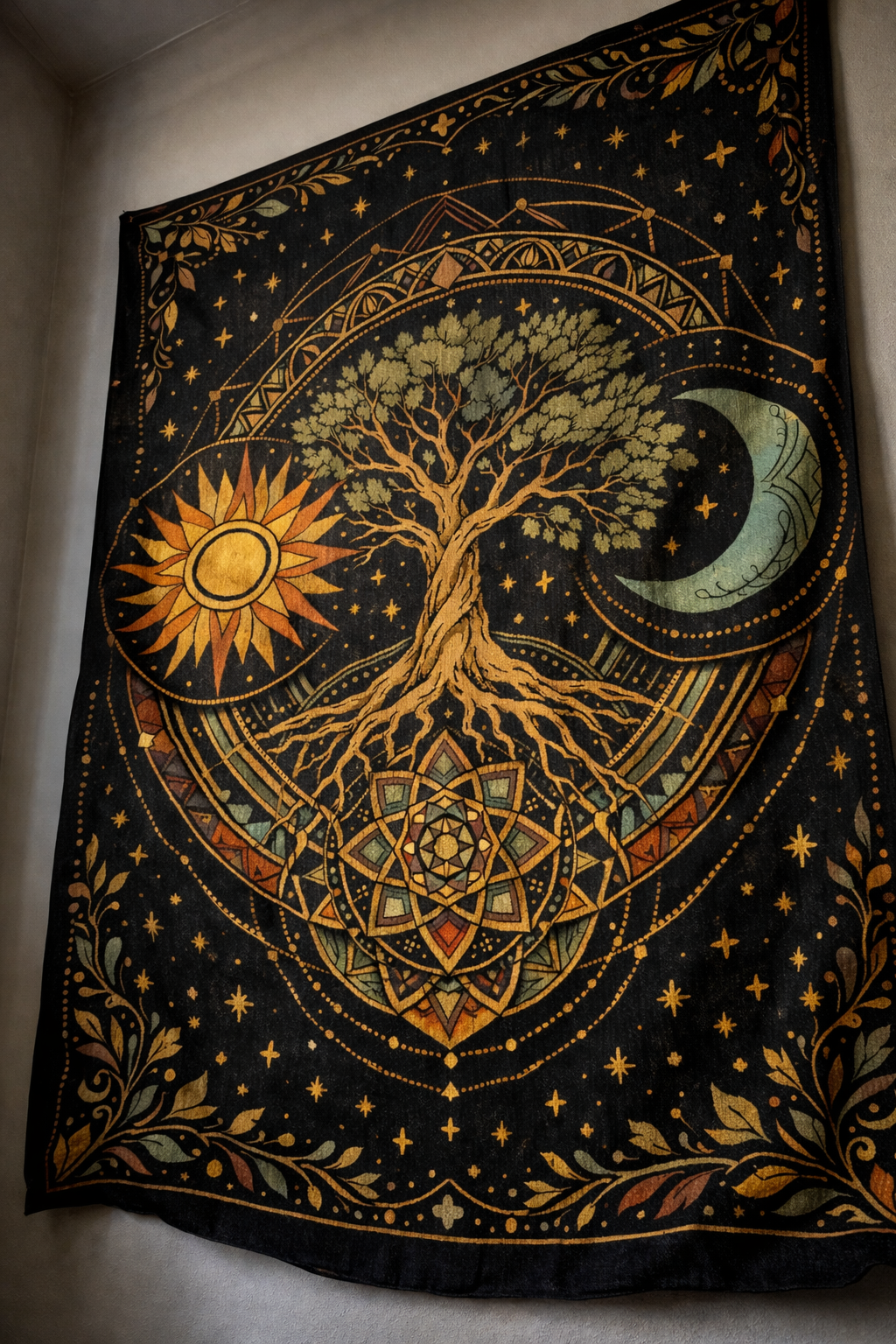 Boho Tree of Life Tapestry – Sun Moon Celestial Wall Art