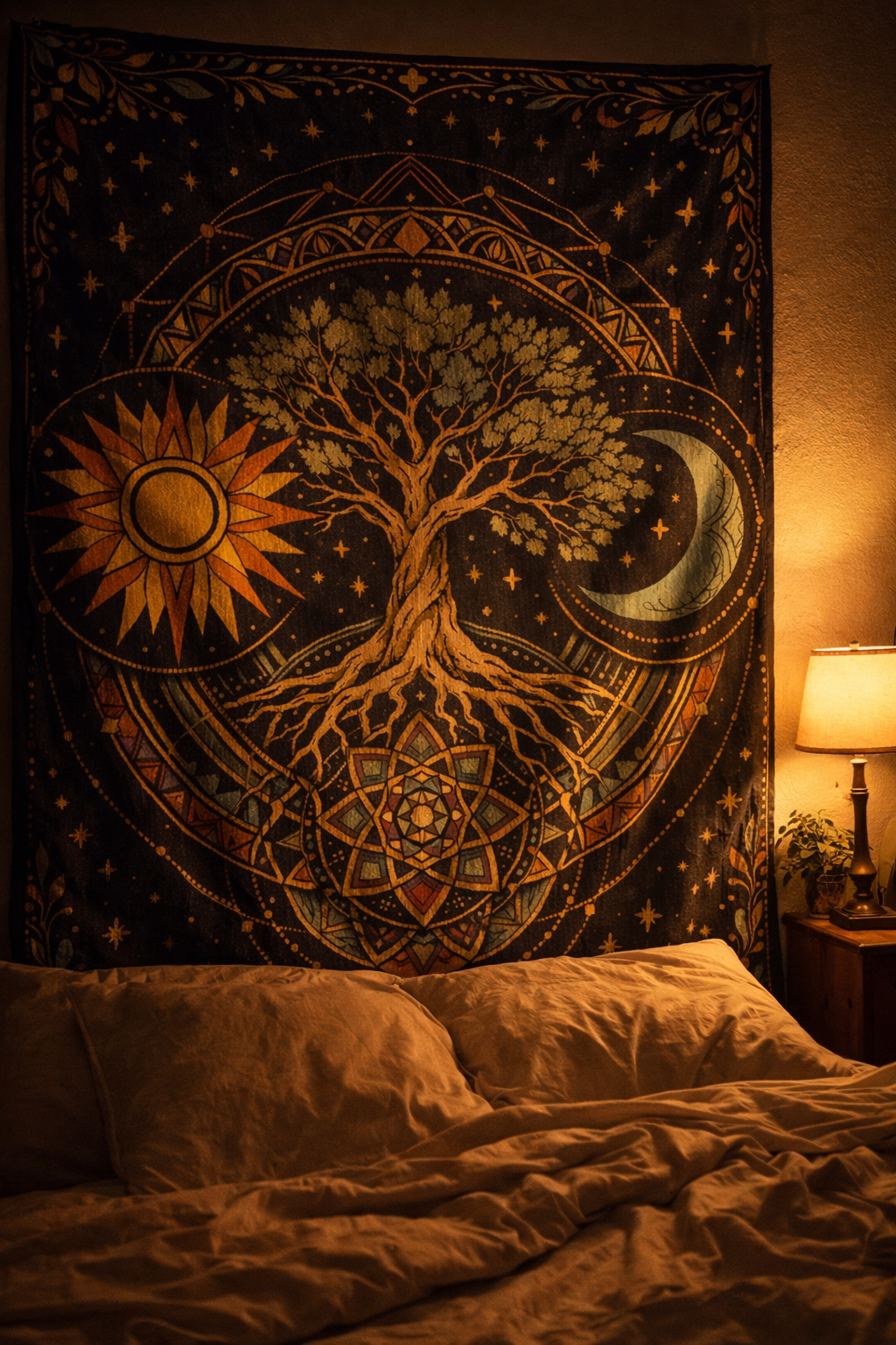 Boho Tree of Life Tapestry – Sun Moon Celestial Wall Art