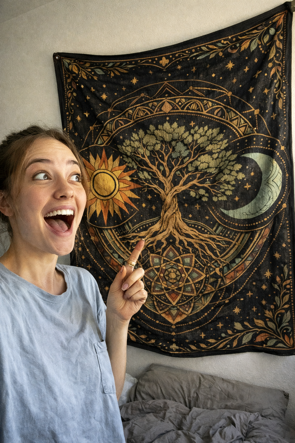 Boho Tree of Life Tapestry – Sun Moon Celestial Wall Art