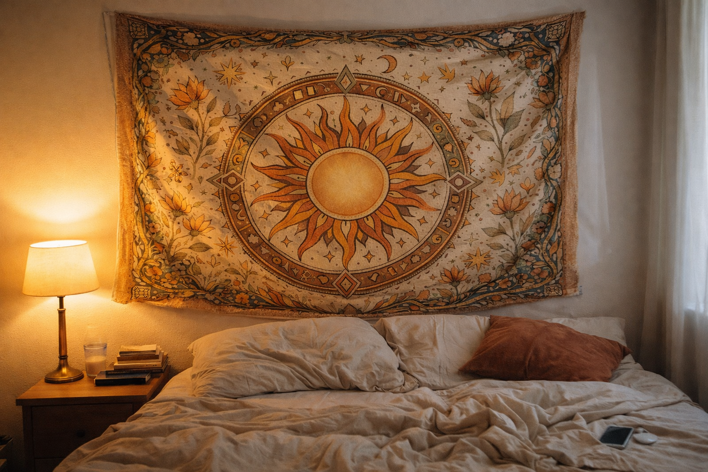 Boho Sun Tapestry Wall Hanging, Celestial Mandala Tapestry