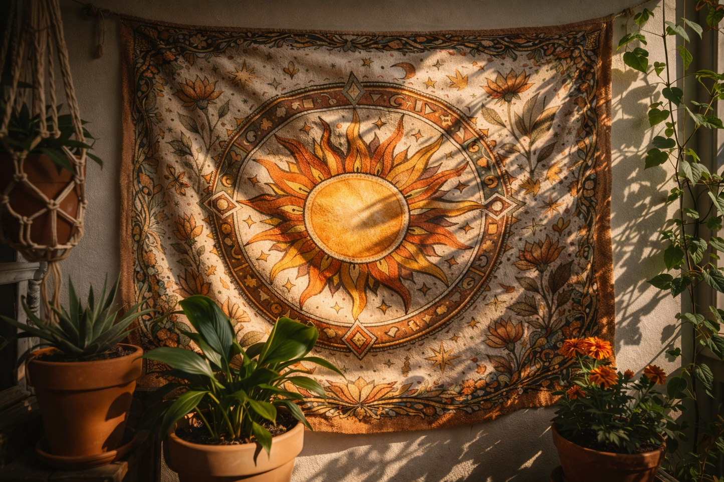 Boho Sun Tapestry Wall Hanging, Celestial Mandala Tapestry
