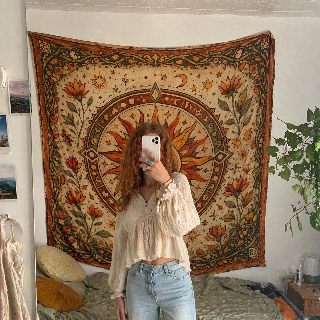 Boho Sun Tapestry Wall Hanging, Celestial Mandala Tapestry