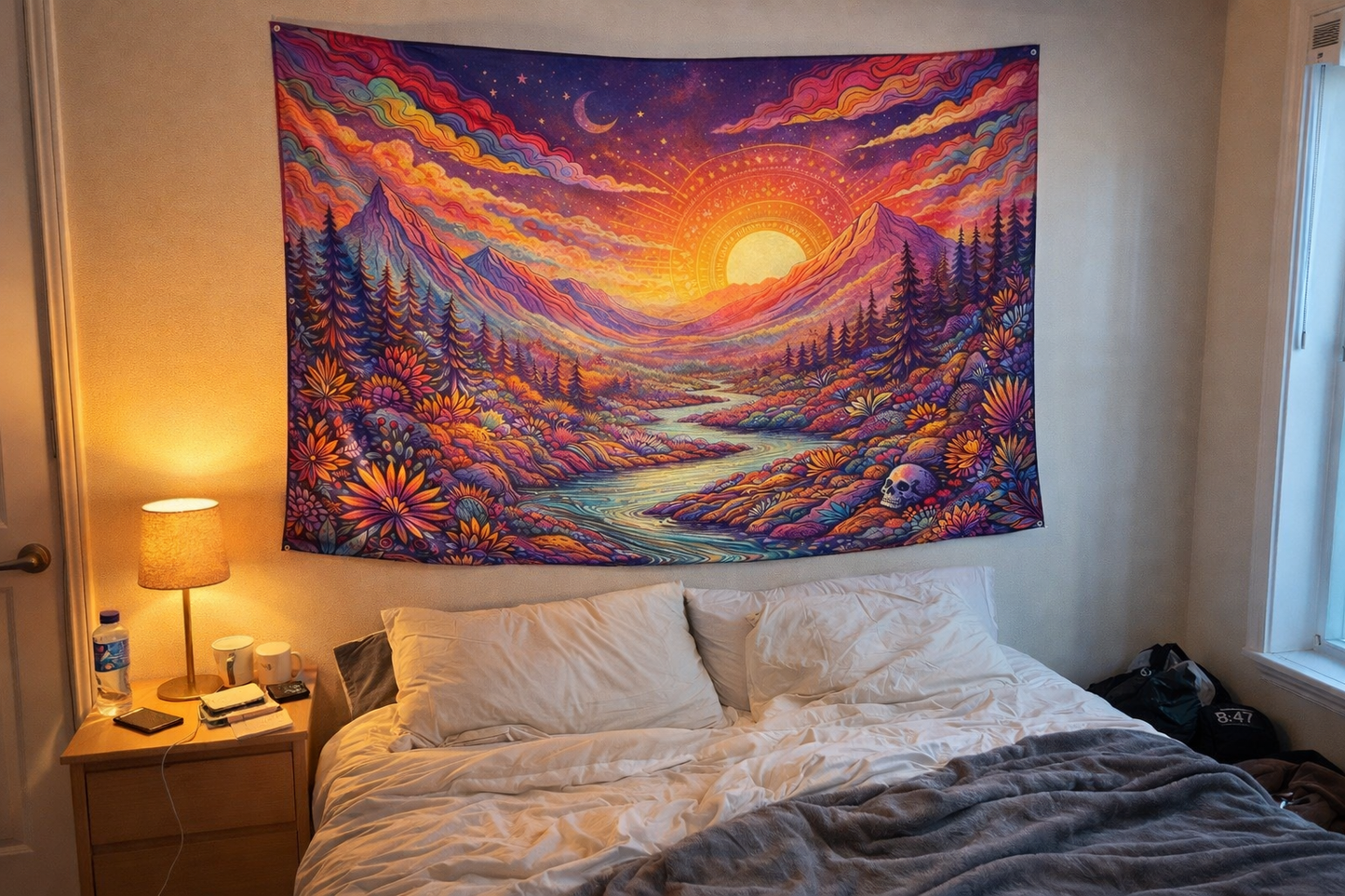 Psychedelic Mountain Sunset Tapestry, Boho Wall Hanging