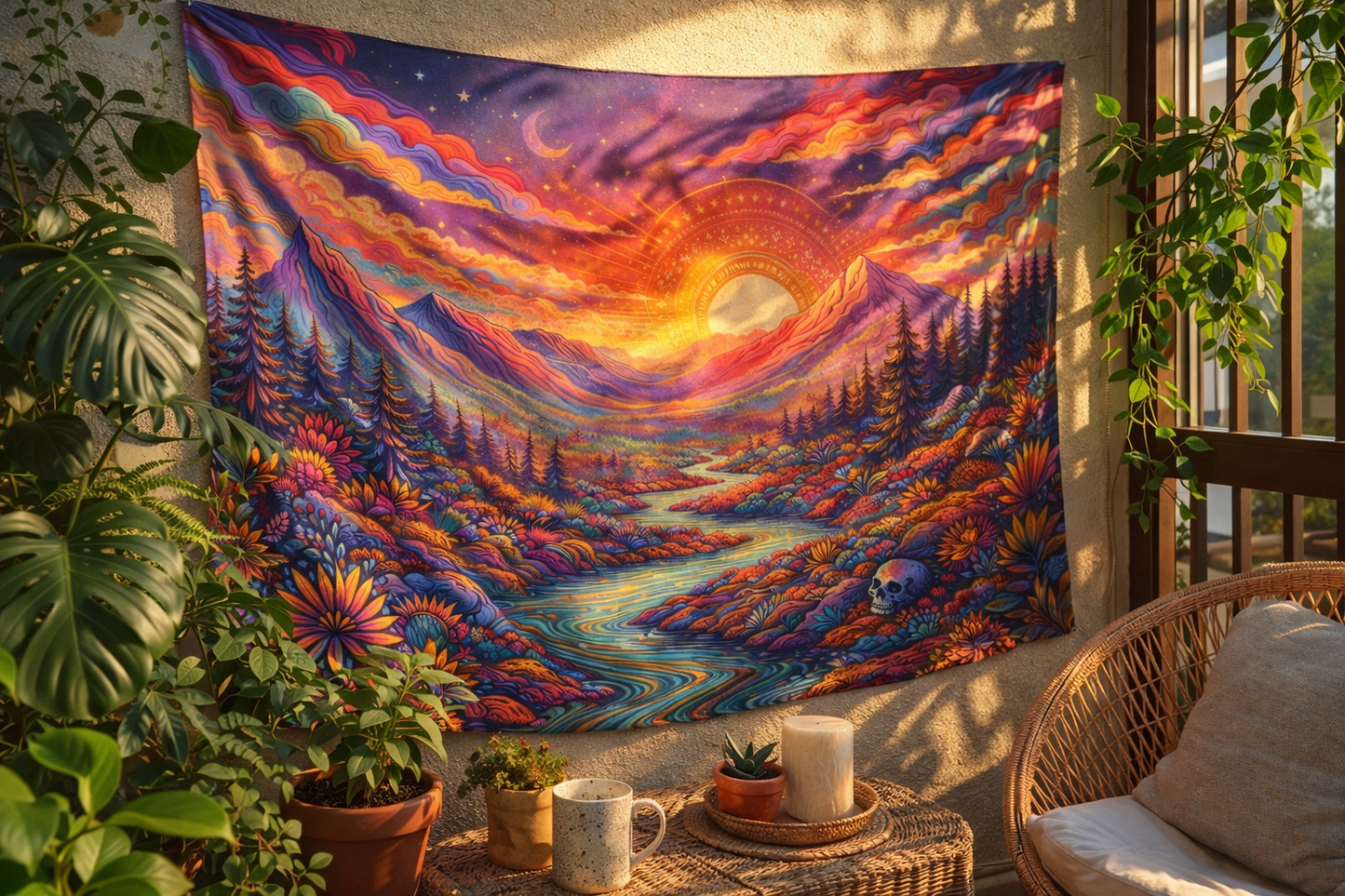 Psychedelic Mountain Sunset Tapestry, Boho Wall Hanging