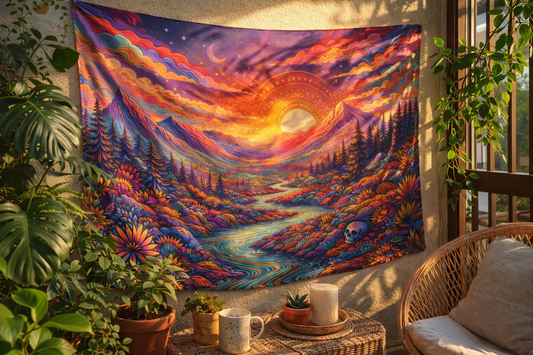 Psychedelic Mountain Sunset Tapestry, Boho Wall Hanging