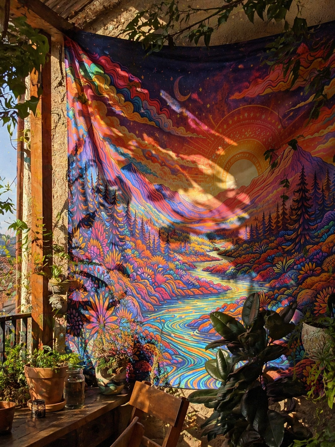 Psychedelic Mountain Sunset Tapestry, Boho Wall Hanging