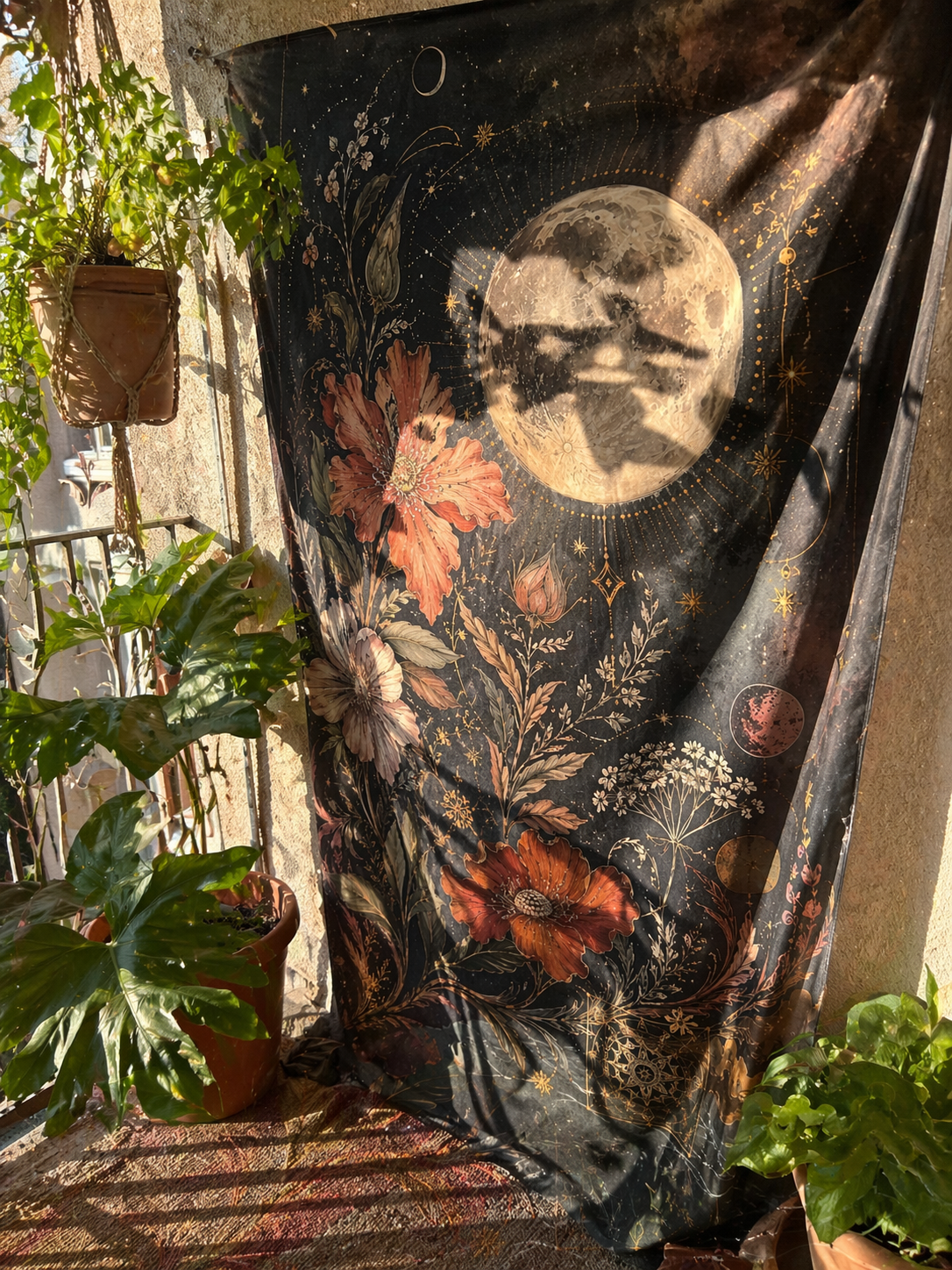 Celestial Moon Tapestry Wall Hanging, Boho Floral Tapestry