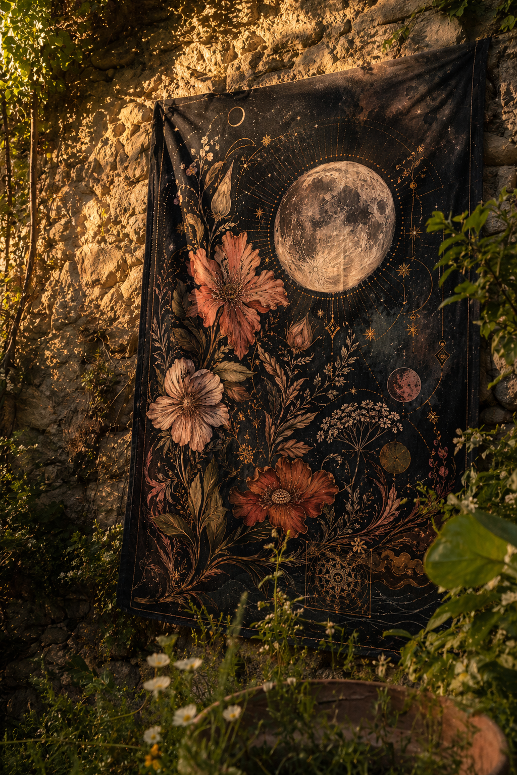 Celestial Moon Tapestry Wall Hanging, Boho Floral Tapestry