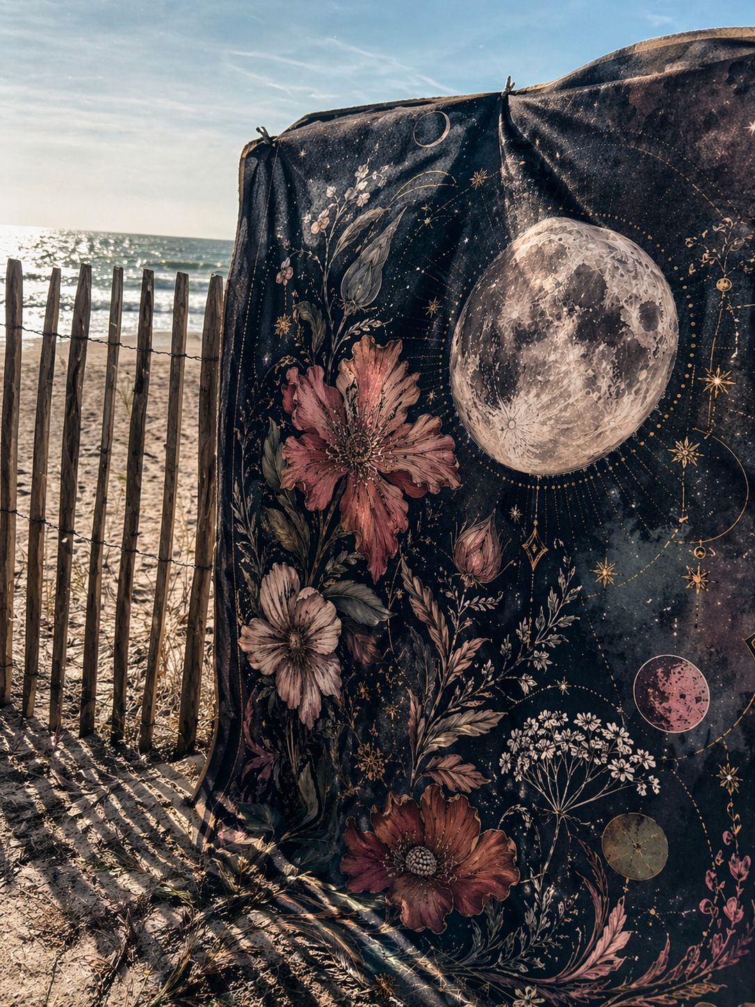 Celestial Moon Tapestry Wall Hanging, Boho Floral Tapestry