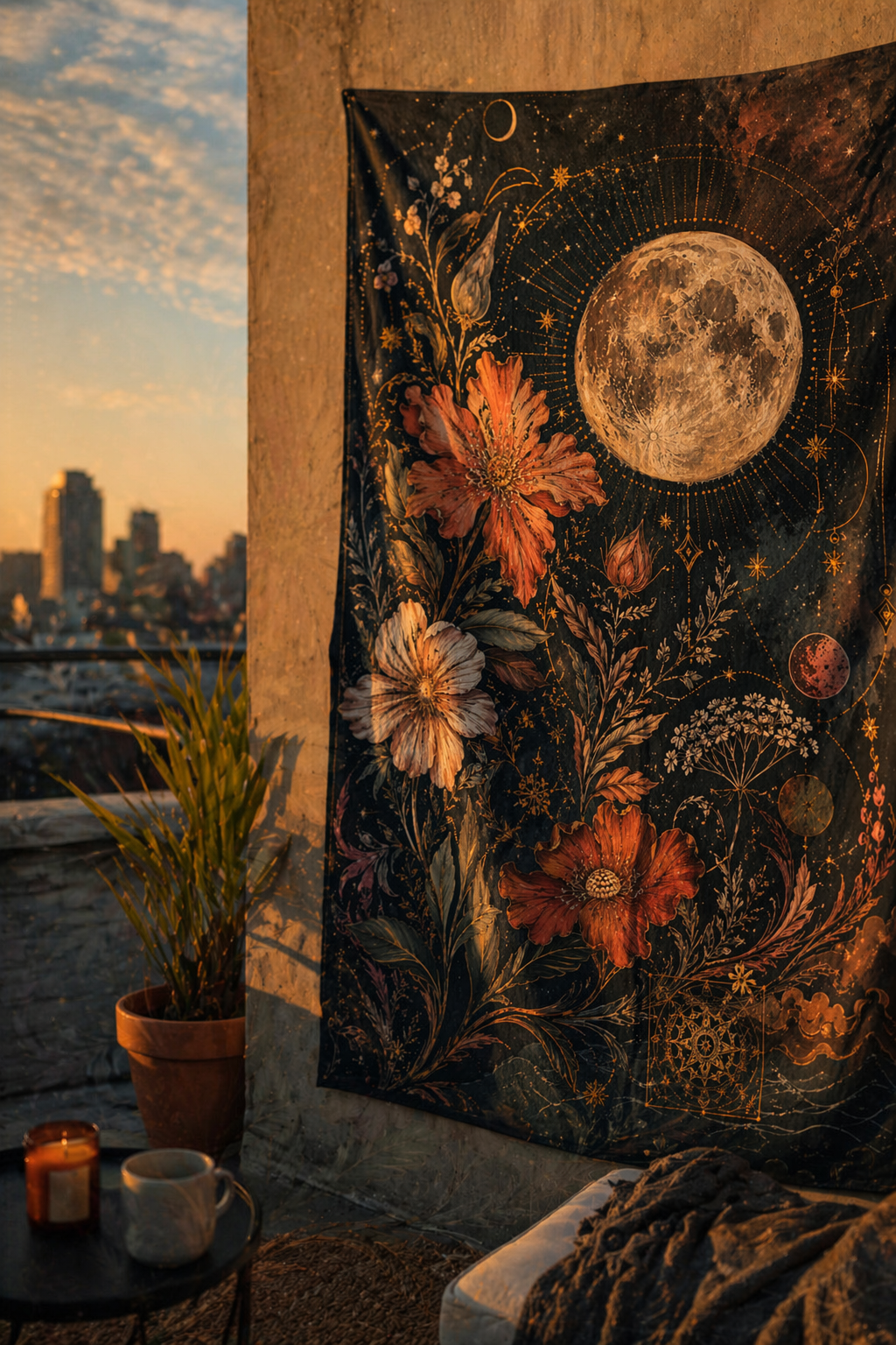 Celestial Moon Tapestry Wall Hanging, Boho Floral Tapestry