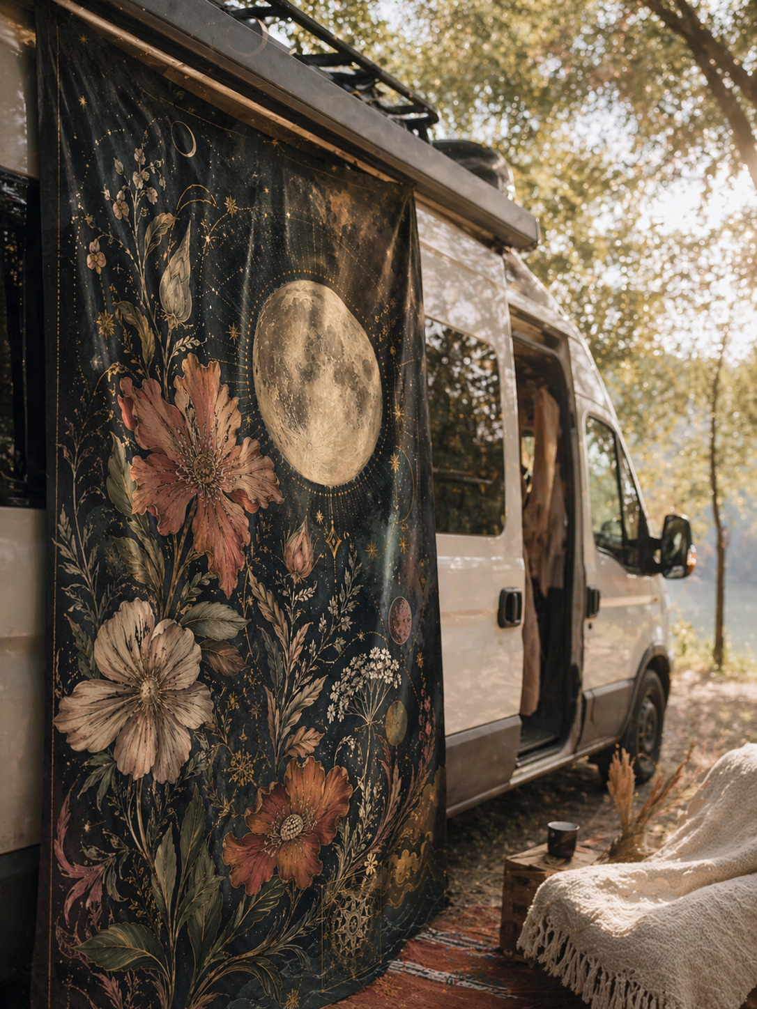 Celestial Moon Tapestry Wall Hanging, Boho Floral Tapestry