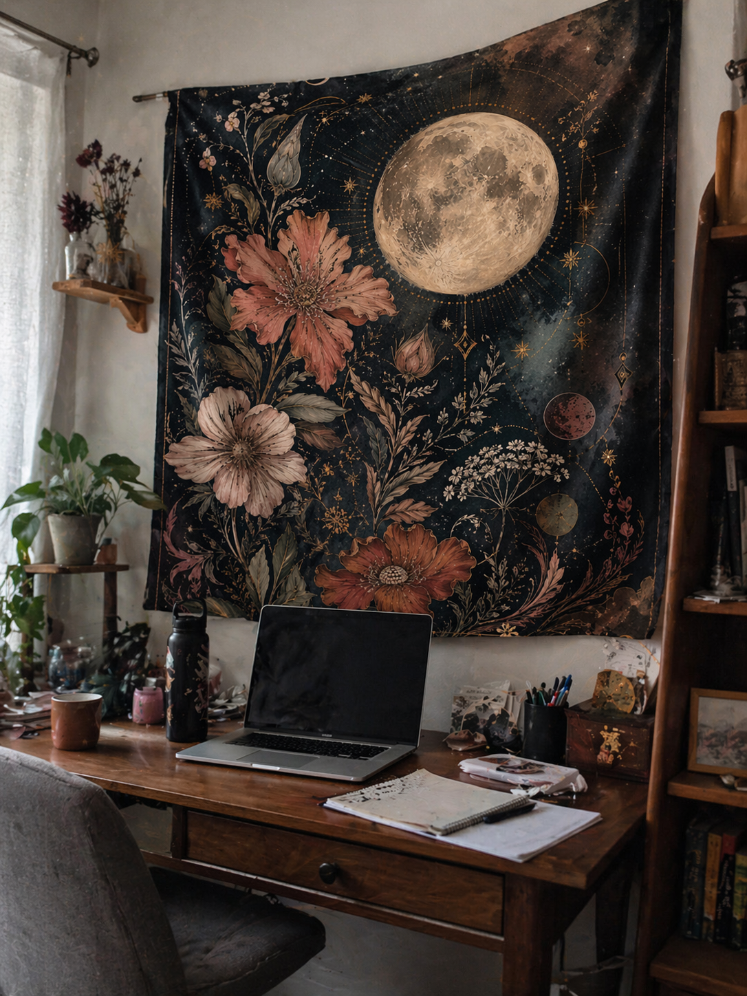 Celestial Moon Tapestry Wall Hanging, Boho Floral Tapestry