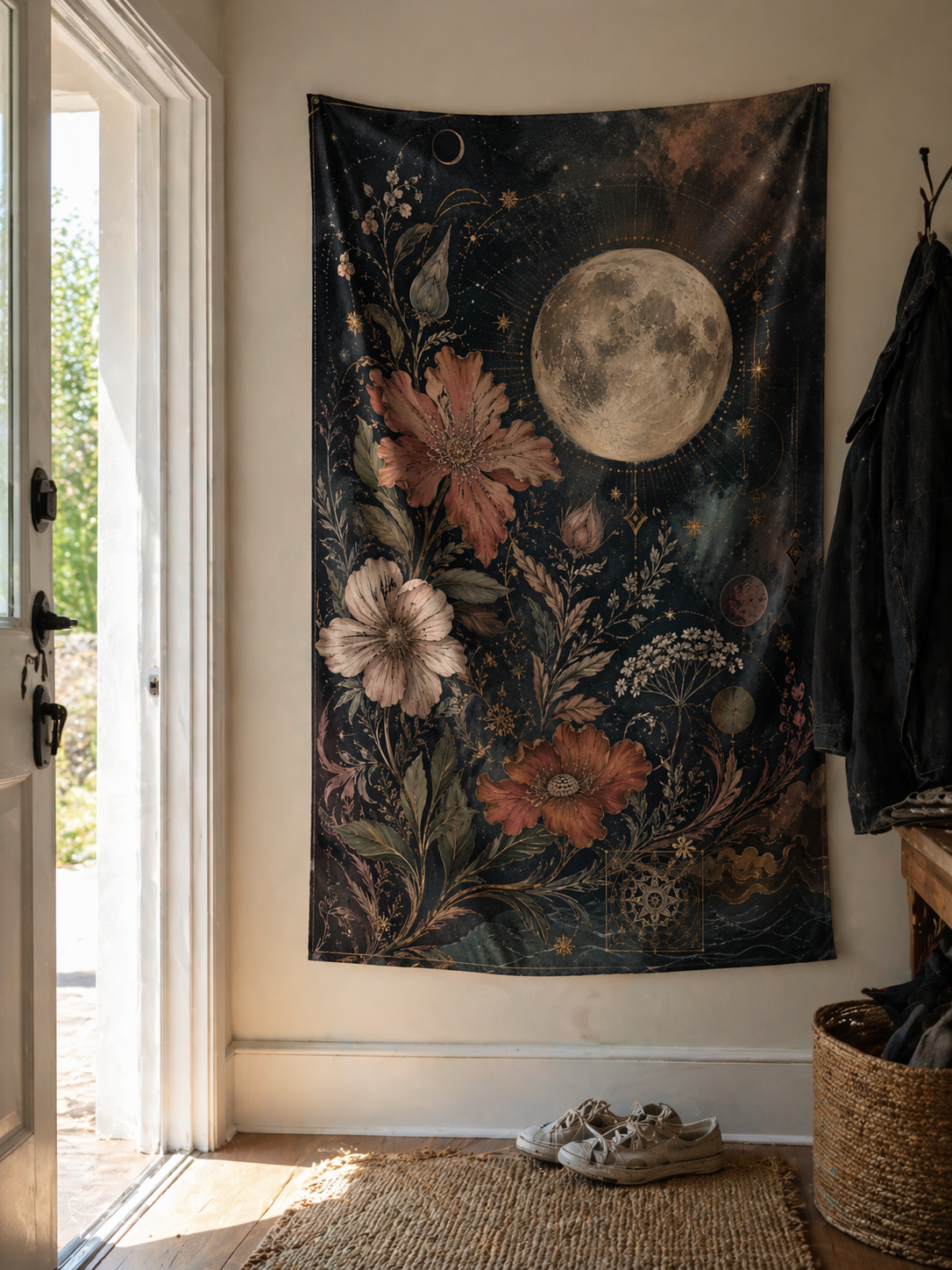 Celestial Moon Tapestry Wall Hanging, Boho Floral Tapestry