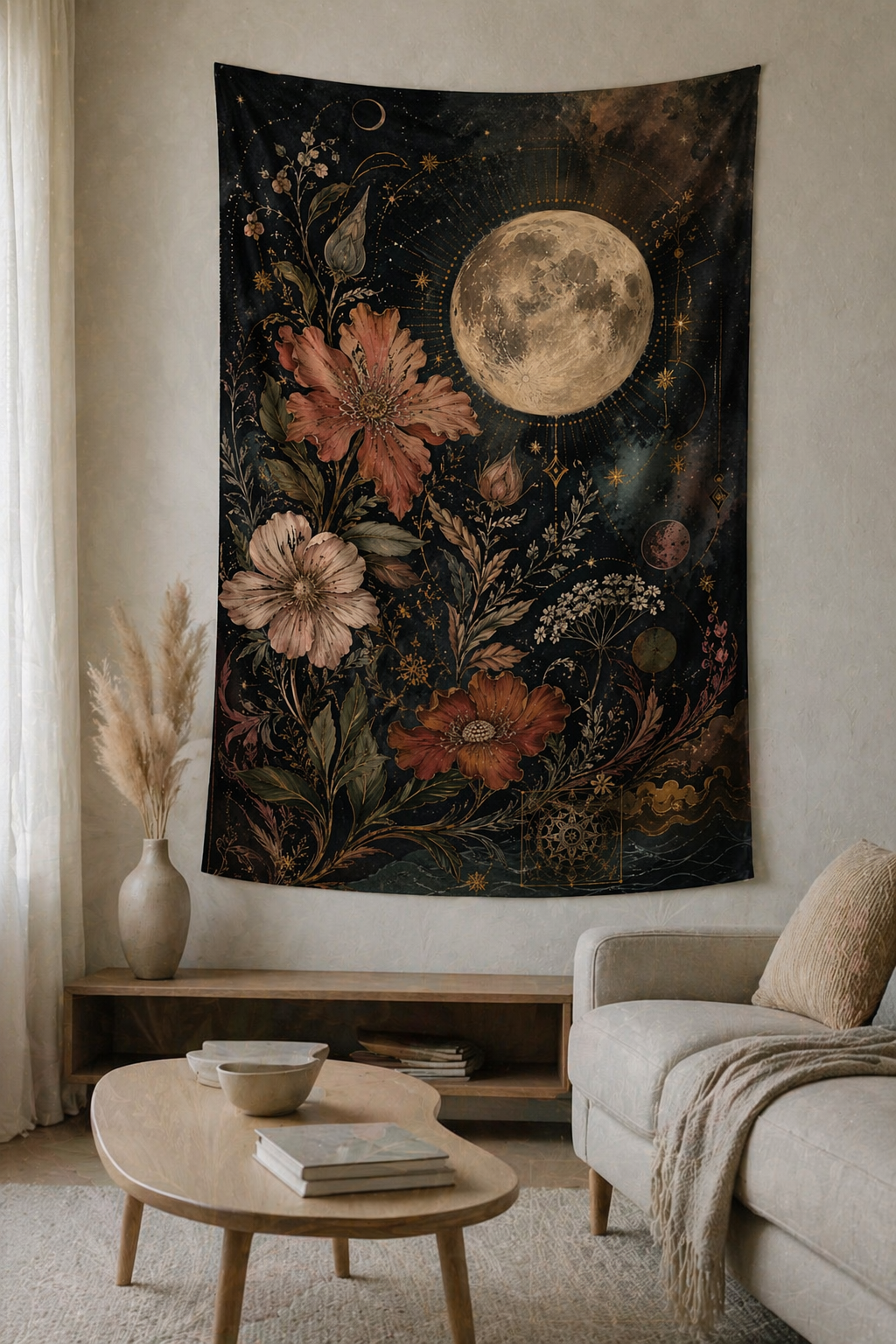 Celestial Moon Tapestry Wall Hanging, Boho Floral Tapestry
