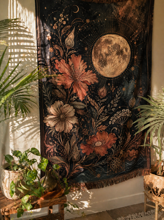 Celestial Moon Tapestry Wall Hanging, Boho Floral Tapestry