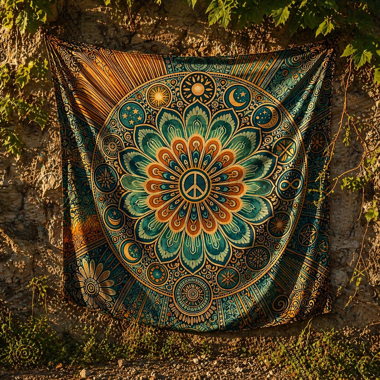 Boho Celestial Mandala Tapestry, Sun Moon Wall Hanging