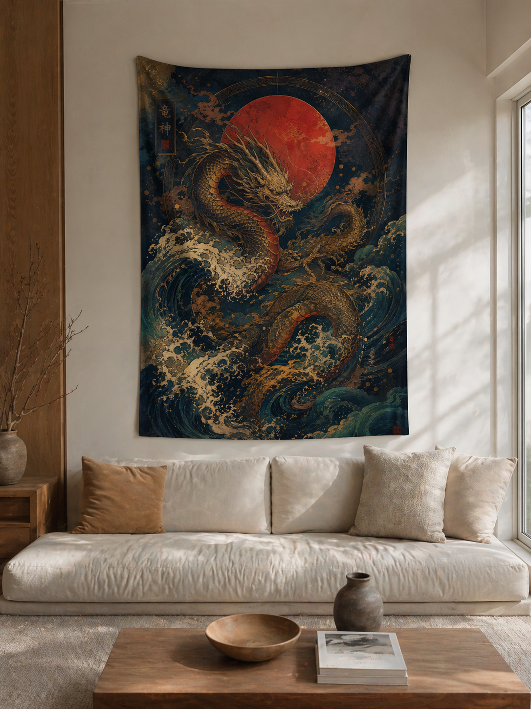 Japanese Dragon Tapestry Wall Hanging, Red Sun Asian Art