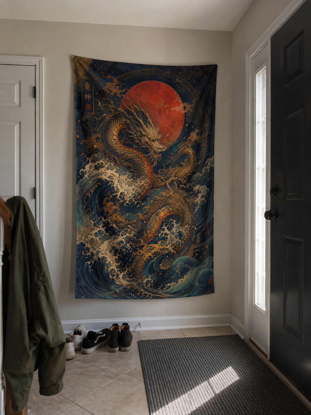 Japanese Dragon Tapestry Wall Hanging, Red Sun Asian Art