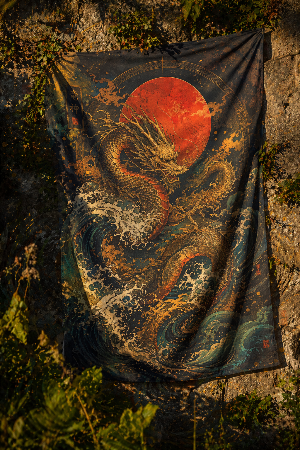 Japanese Dragon Tapestry Wall Hanging, Red Sun Asian Art