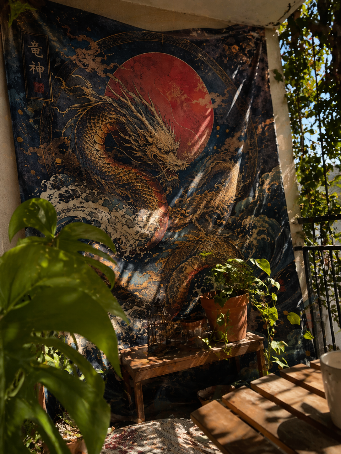 Japanese Dragon Tapestry Wall Hanging, Red Sun Asian Art