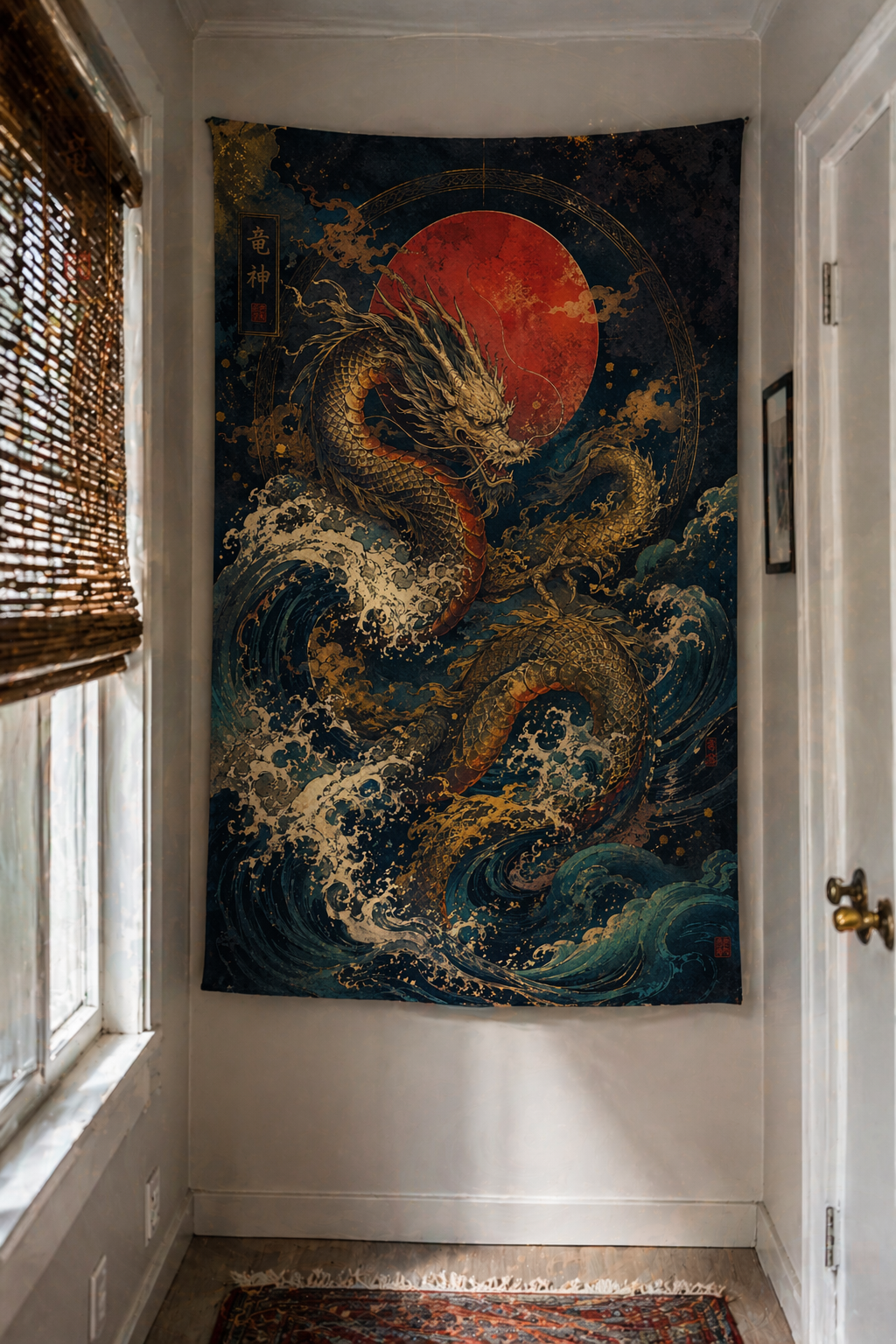 Japanese Dragon Tapestry Wall Hanging, Red Sun Asian Art