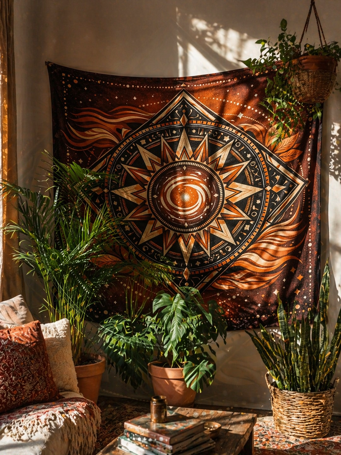 Boho Sun Tapestry Wall Hanging, Celestial Mandala Decor