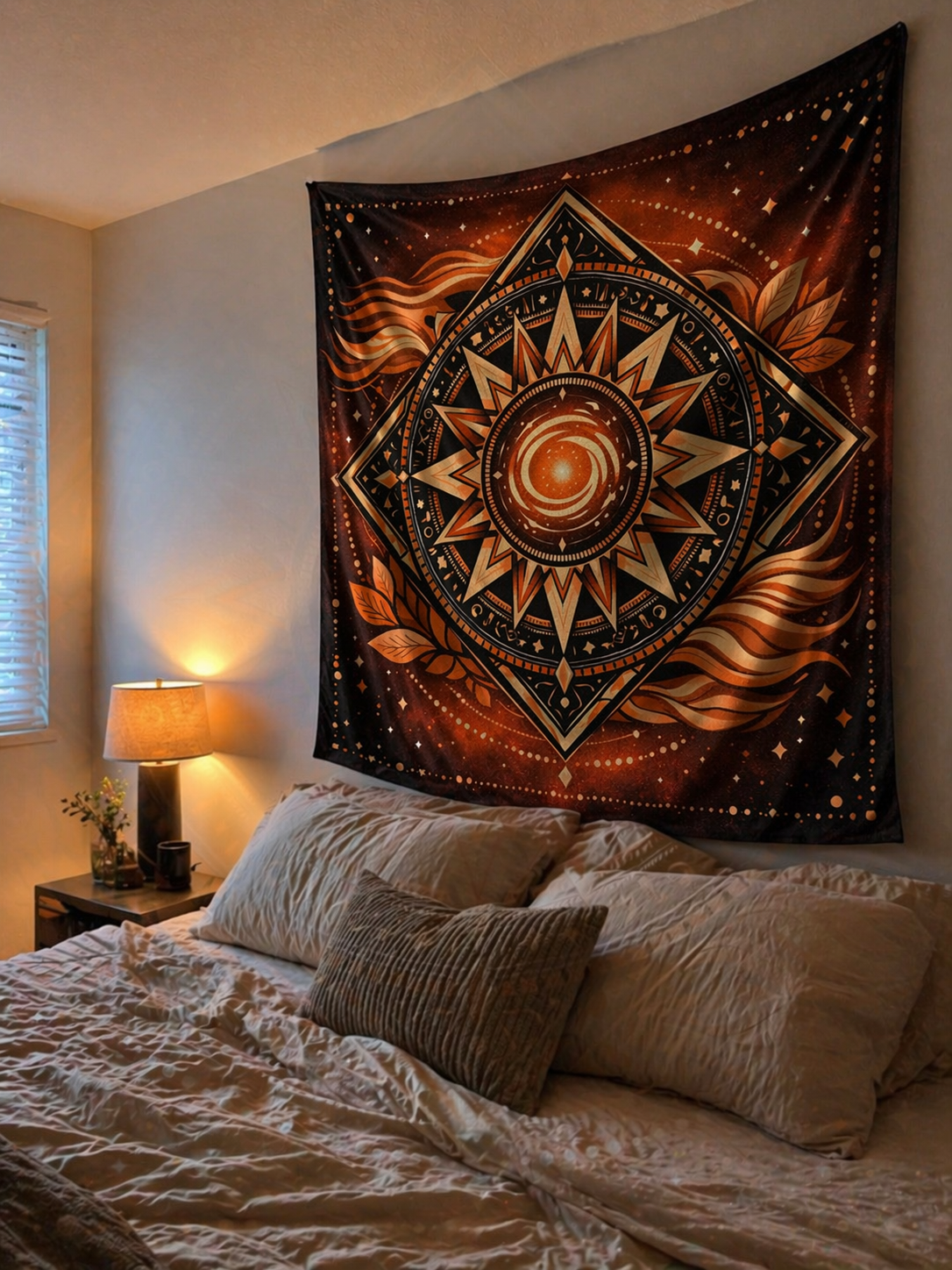 Boho Sun Tapestry Wall Hanging, Celestial Mandala Decor