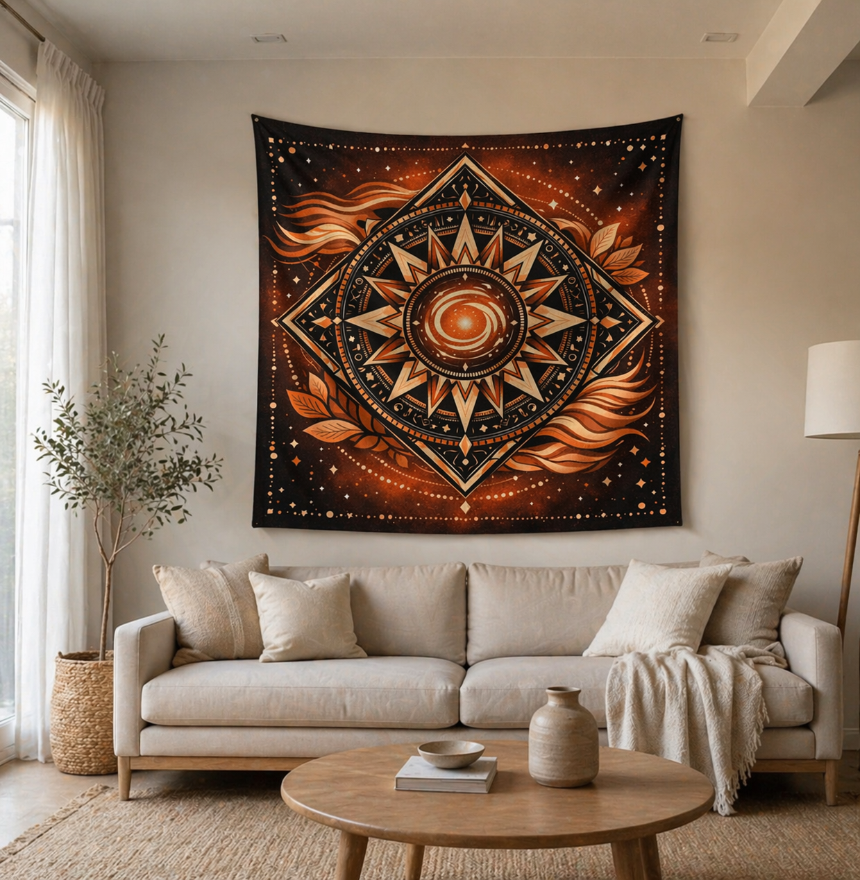 Boho Sun Tapestry Wall Hanging, Celestial Mandala Decor