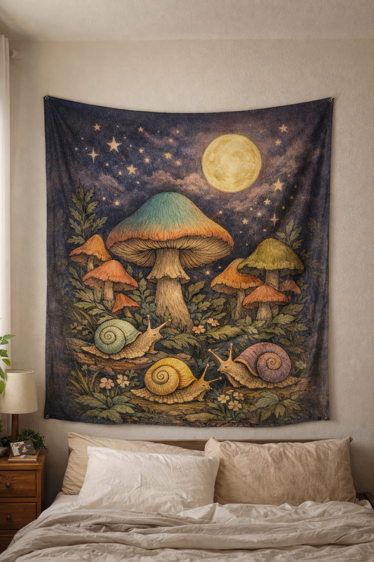 Mushroom Tapestry Wall Hanging – Cottagecore Moon Forest Snail Aesthetic Bedroom Decor