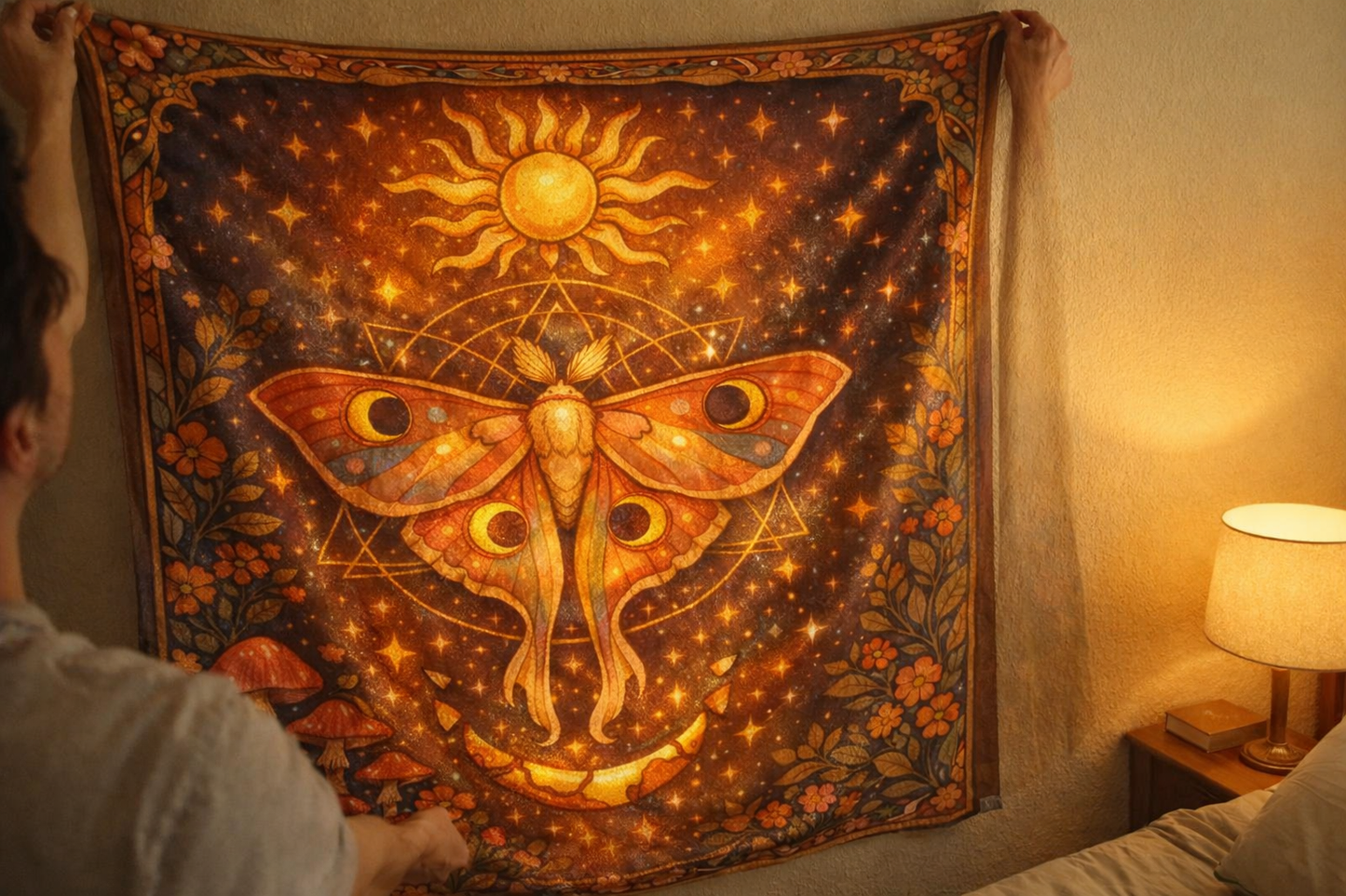 Celestial Moth Tapestry Wall Hanging – Boho Sun Moon Mushroom Aesthetic Bedroom Decor