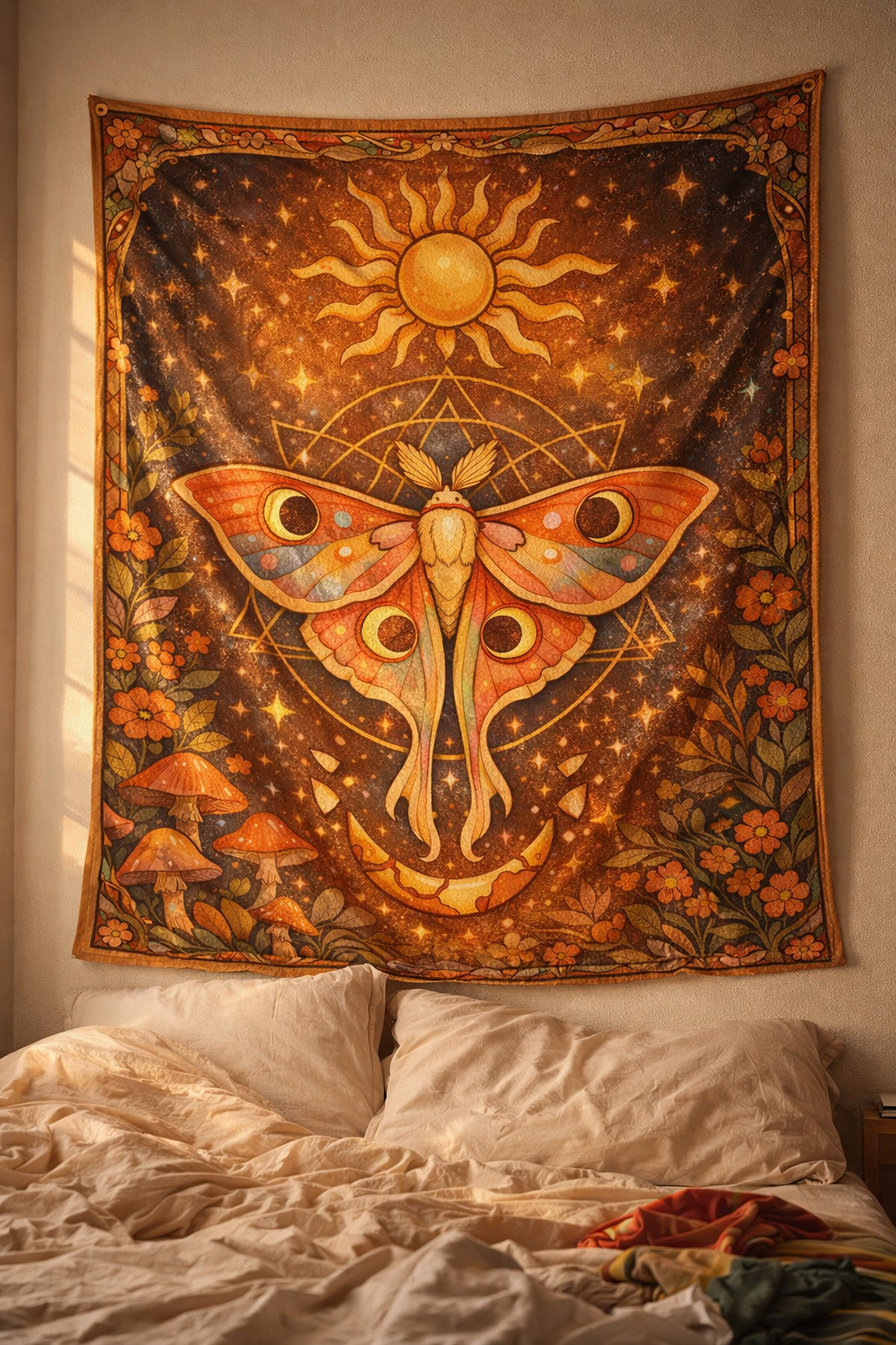 Celestial Moth Tapestry Wall Hanging – Boho Sun Moon Mushroom Aesthetic Bedroom Decor