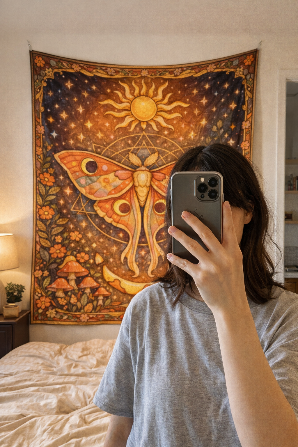 Celestial Moth Tapestry Wall Hanging – Boho Sun Moon Mushroom Aesthetic Bedroom Decor