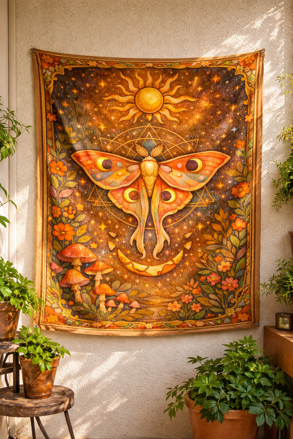 Celestial Moth Tapestry Wall Hanging – Boho Sun Moon Mushroom Aesthetic Bedroom Decor