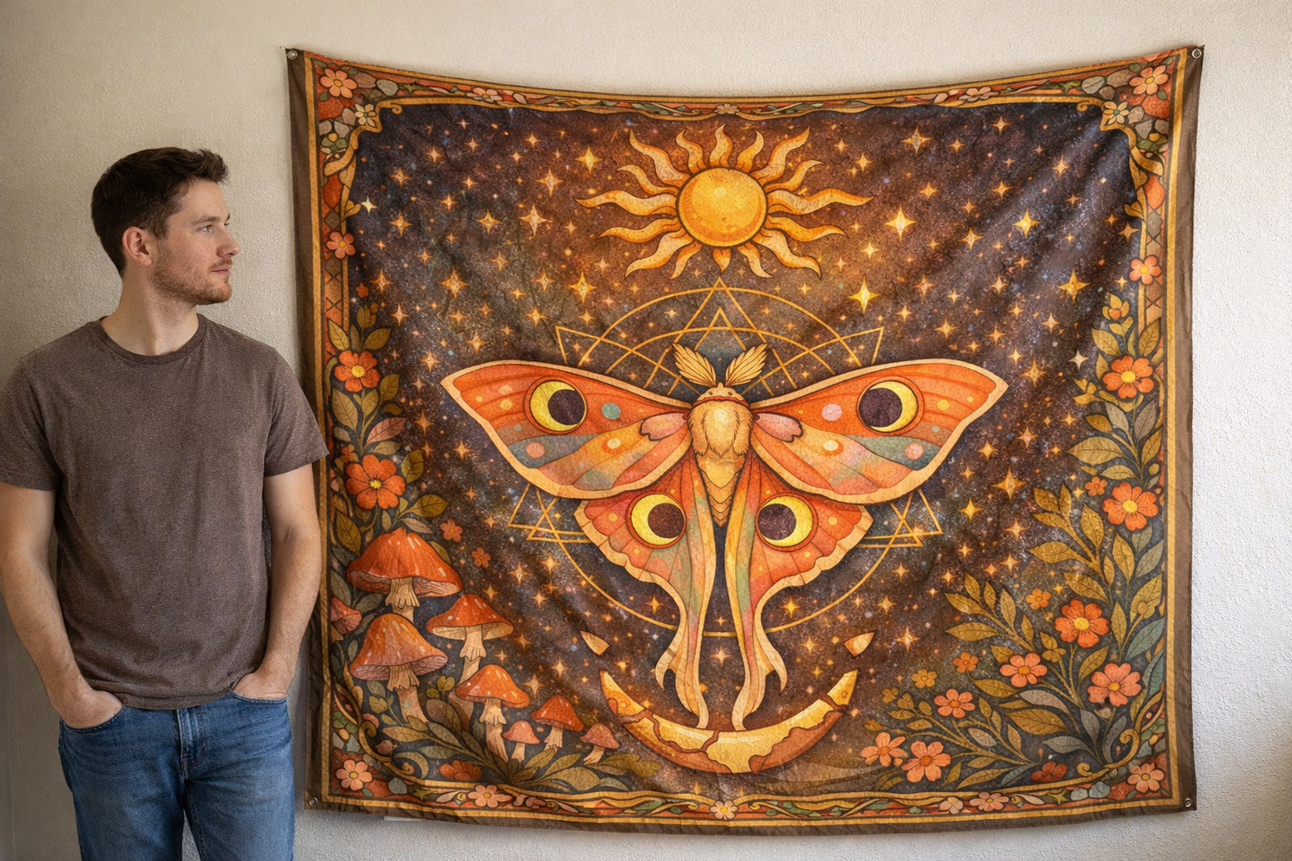 Celestial Moth Tapestry Wall Hanging – Boho Sun Moon Mushroom Aesthetic Bedroom Decor