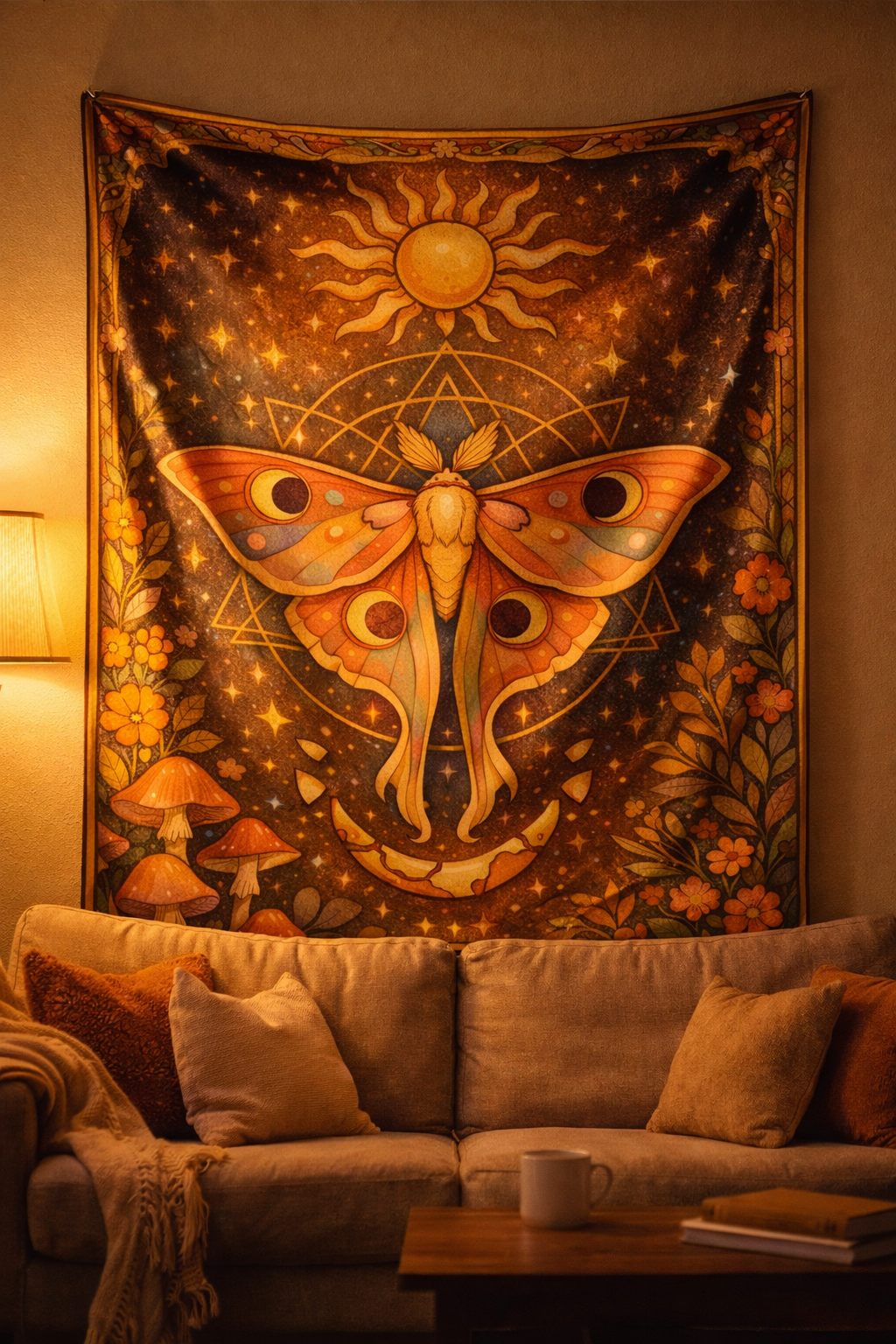 Celestial Moth Tapestry Wall Hanging – Boho Sun Moon Mushroom Aesthetic Bedroom Decor