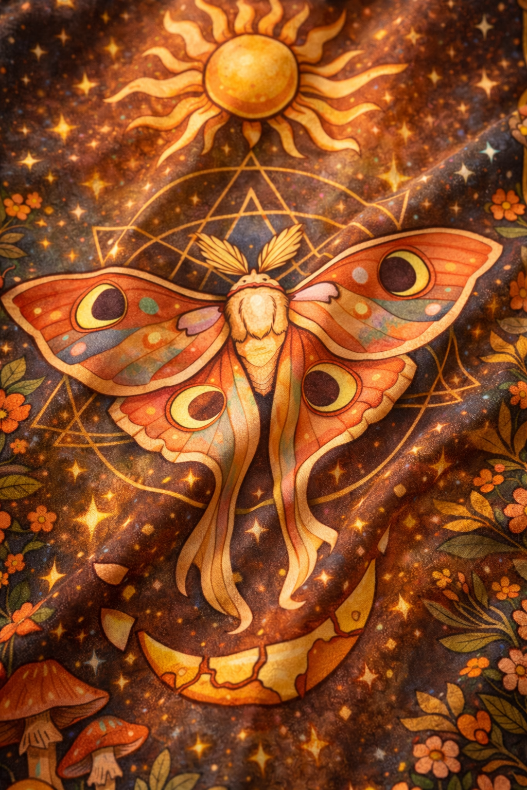 Celestial Moth Tapestry Wall Hanging – Boho Sun Moon Mushroom Aesthetic Bedroom Decor