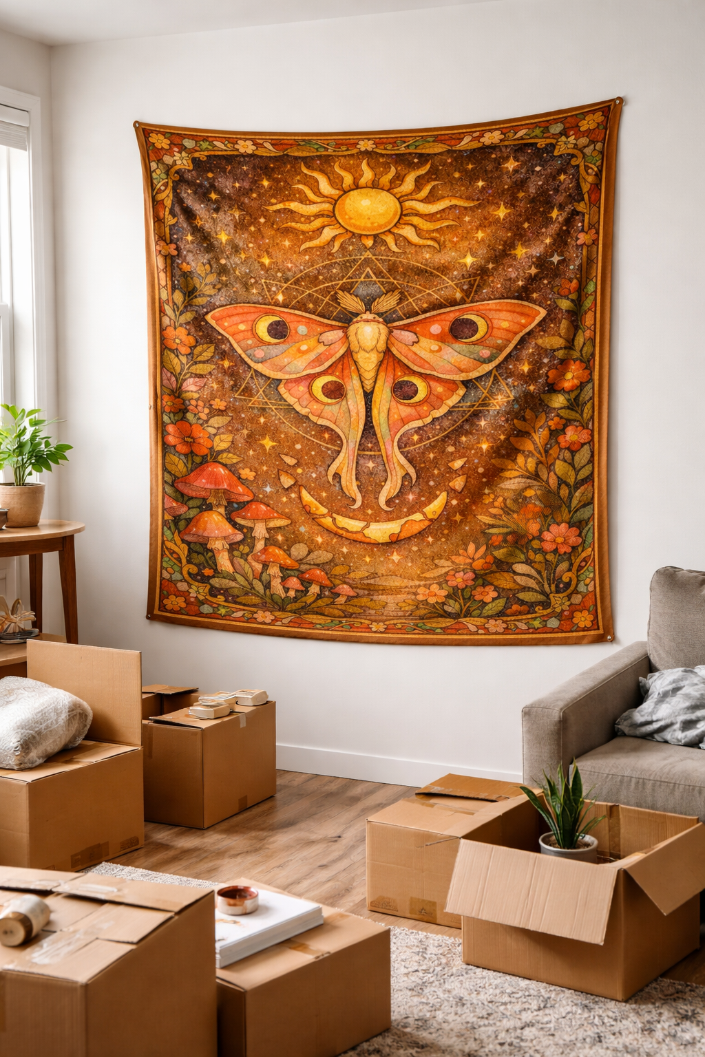 Celestial Moth Tapestry Wall Hanging – Boho Sun Moon Mushroom Aesthetic Bedroom Decor