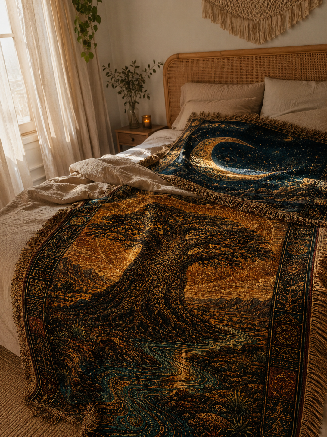 Woven Tapestry Blanket Set, Sun Moon Celestial Throw Blanket