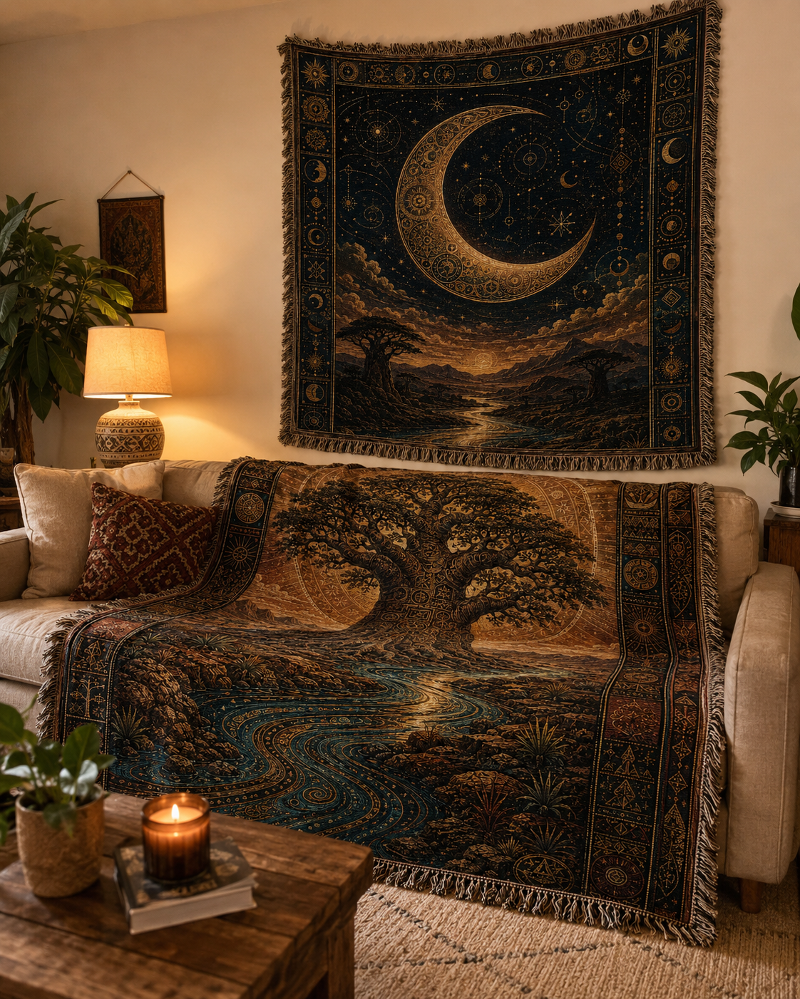 Woven Tapestry Blanket Set, Sun Moon Celestial Throw Blanket