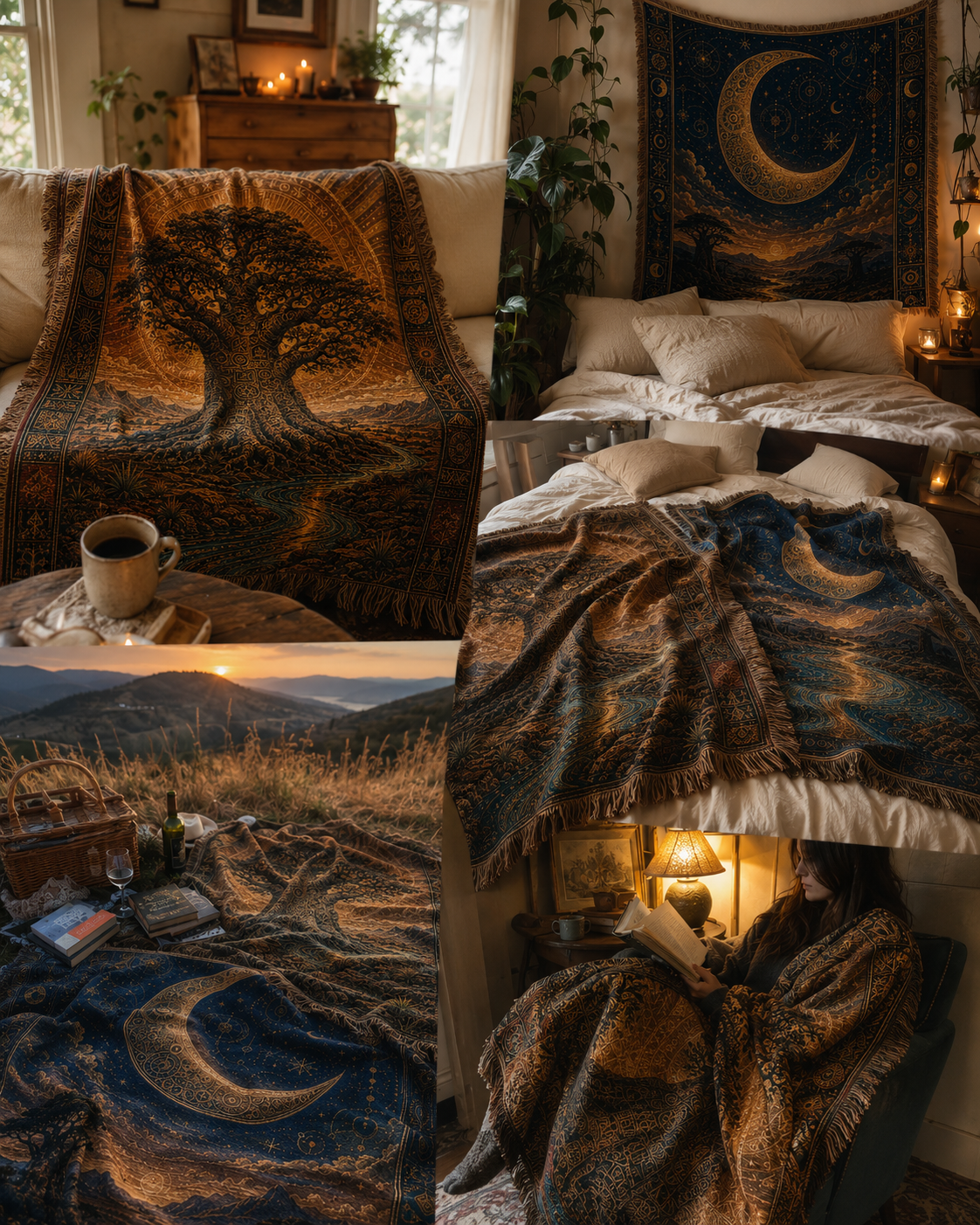 Woven Tapestry Blanket Set, Sun Moon Celestial Throw Blanket
