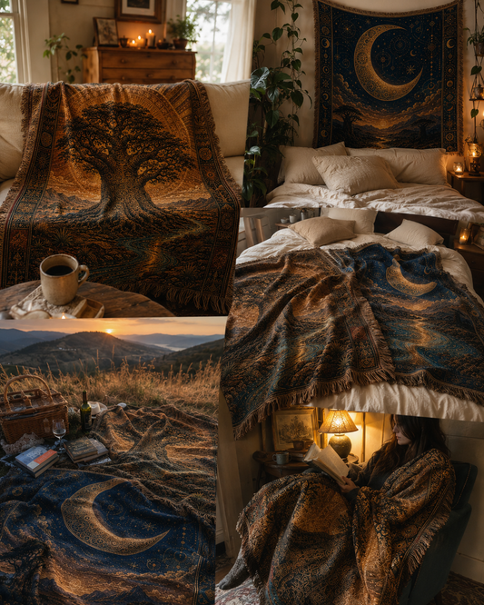 Woven Tapestry Blanket Set, Sun Moon Celestial Throw Blanket