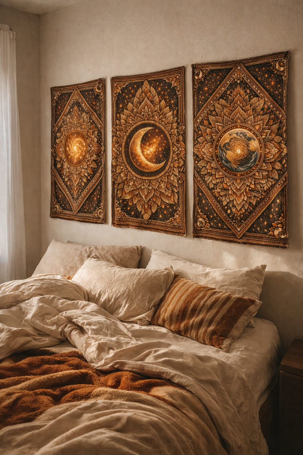Boho Celestial Tapestry Set of 3 – Sun Moon Earth Wall Hanging, Mandala Wall Art, Aesthetic Room Decor, Spiritual Home Decor