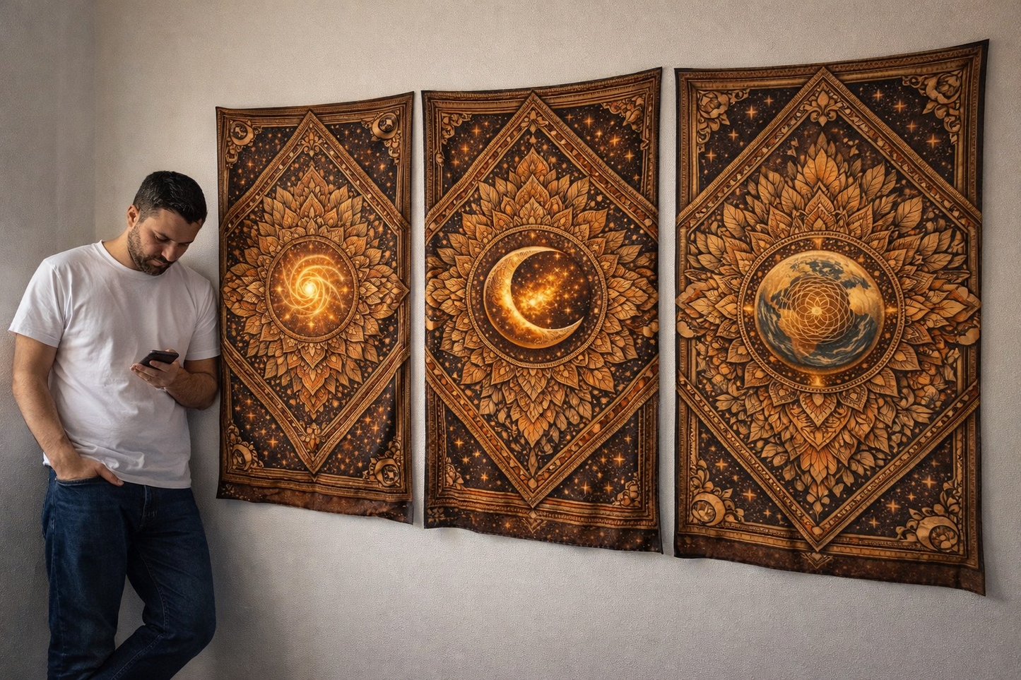 Boho Celestial Tapestry Set of 3 – Sun Moon Earth Wall Hanging, Mandala Wall Art, Aesthetic Room Decor, Spiritual Home Decor