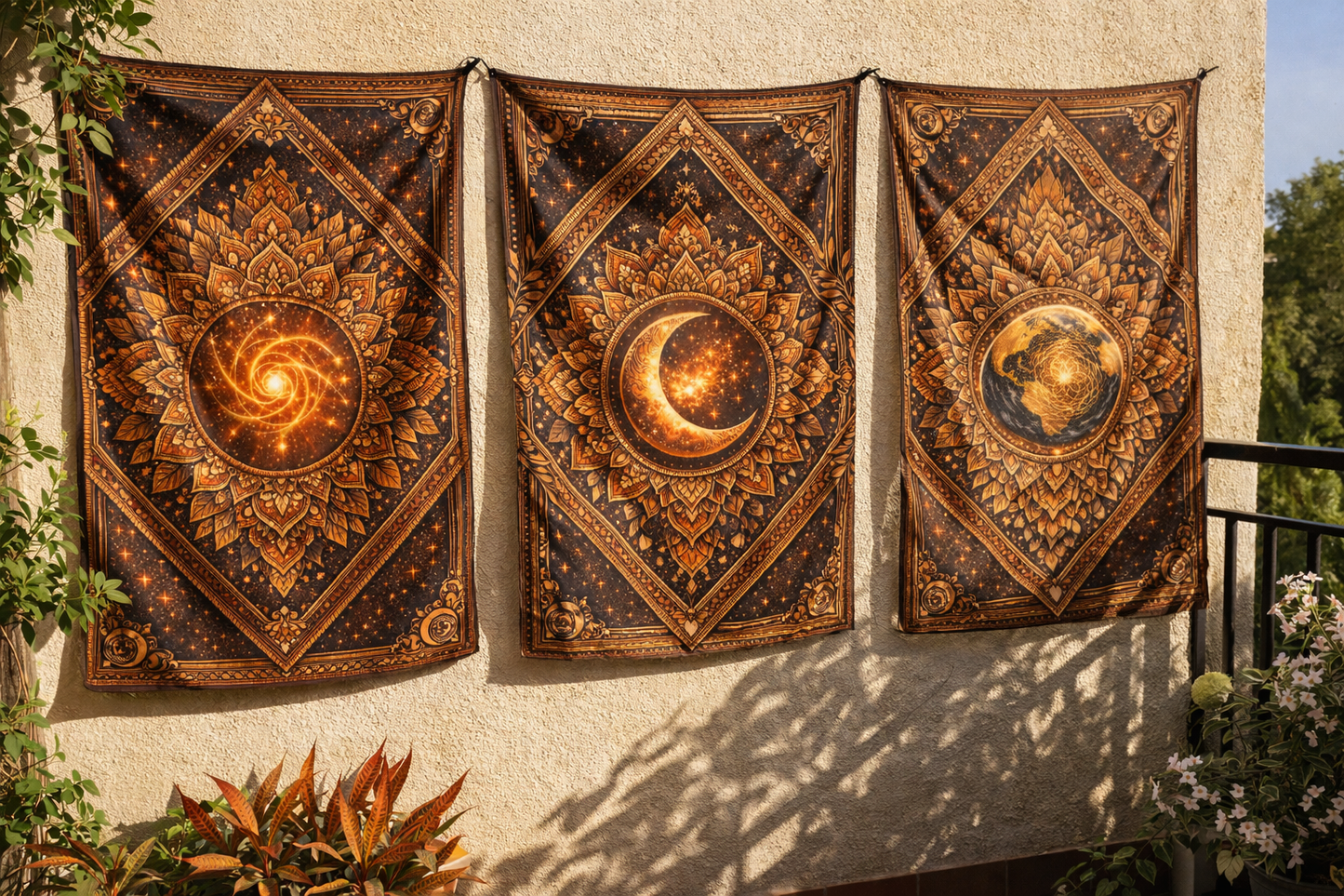 Boho Celestial Tapestry Set of 3 – Sun Moon Earth Wall Hanging, Mandala Wall Art, Aesthetic Room Decor, Spiritual Home Decor