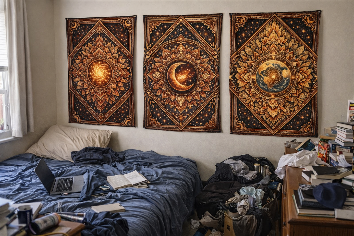 Boho Celestial Tapestry Set of 3 – Sun Moon Earth Wall Hanging, Mandala Wall Art, Aesthetic Room Decor, Spiritual Home Decor