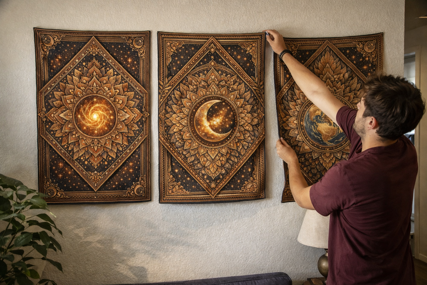 Boho Celestial Tapestry Set of 3 – Sun Moon Earth Wall Hanging, Mandala Wall Art, Aesthetic Room Decor, Spiritual Home Decor