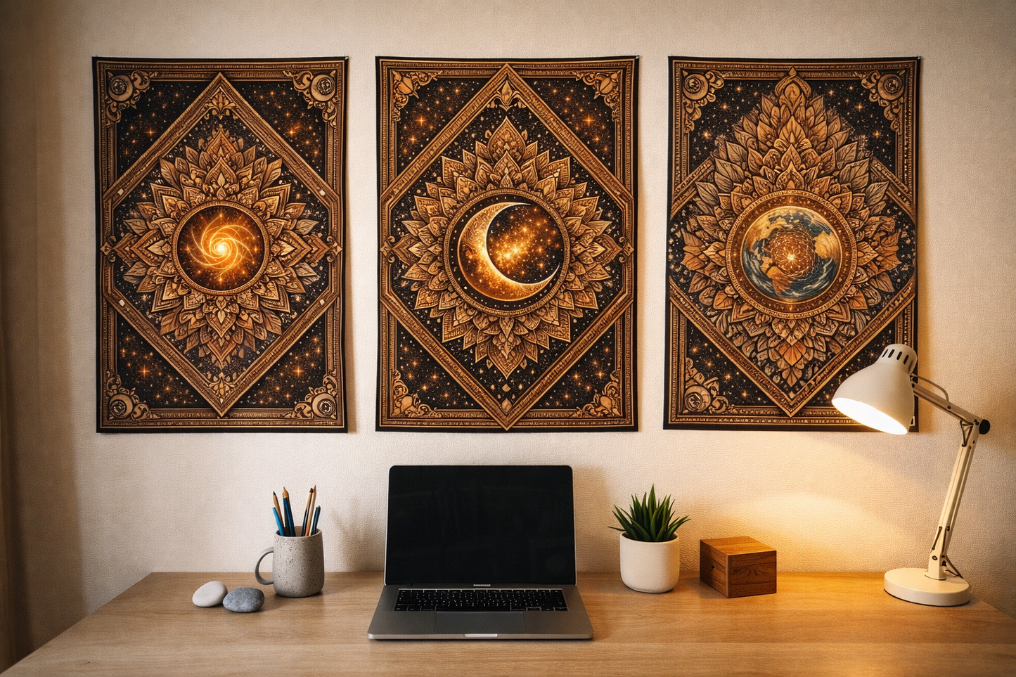 Boho Celestial Tapestry Set of 3 – Sun Moon Earth Wall Hanging, Mandala Wall Art, Aesthetic Room Decor, Spiritual Home Decor